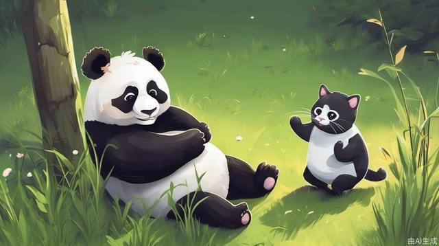 The panda is playing with the cat in the grass