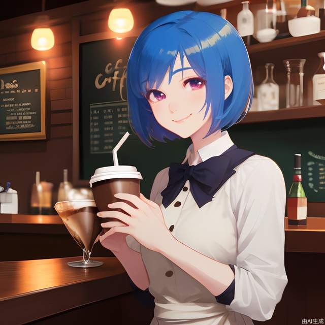 ,cocktail_dress, coffee house, mid_shot, smile, female, mature_female, student, oval face, blue hair, short hair, close_mouth, homu