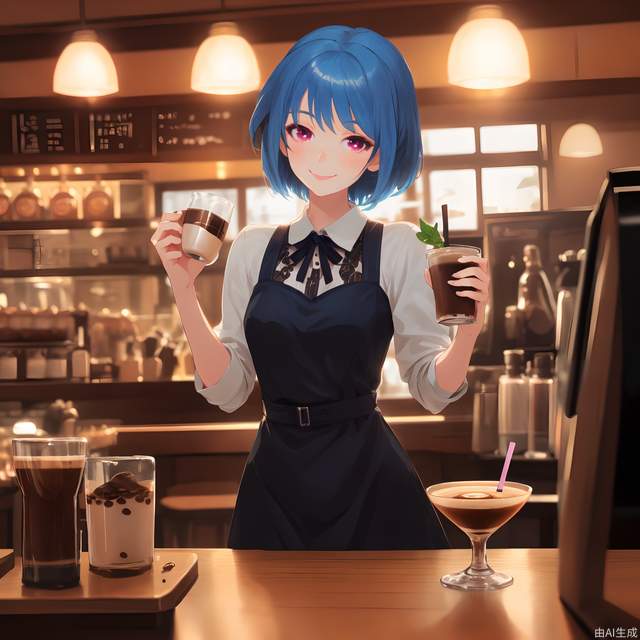 ,cocktail_dress, coffee house, mid_shot, smile, female, mature_female, student, oval face, blue hair, short hair, close_mouth, homu