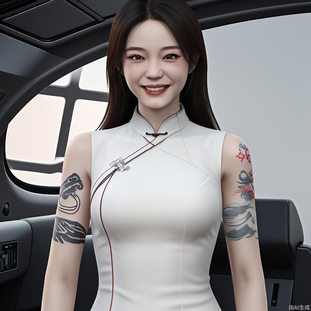 female, pilot, adult, white_marble_glowing_skin, tattoo, cheongsam, smile, incredibly absurdres, game cg