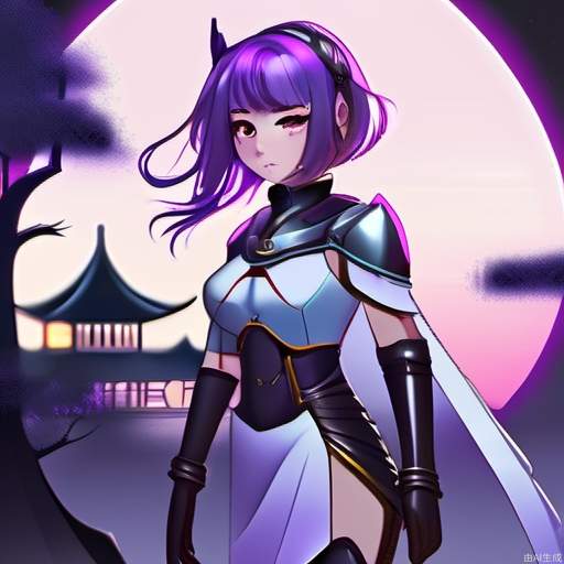 female, pilot, knight, adult, deep_skin, slender, oval face, purple hair, makeup, ear_ornament, cocked eyebrow, purple eyes, heterochromia, pointed nose, thick lips, chinese_style, standing, incredibly absurdres, science fiction, Cinematic Lighting, lavender, ban, full moon, Dreamy forest, ruins, mid_shot