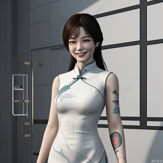 female, pilot, adult, white_marble_glowing_skin, tattoo, cheongsam, smile, incredibly absurdres, game cg