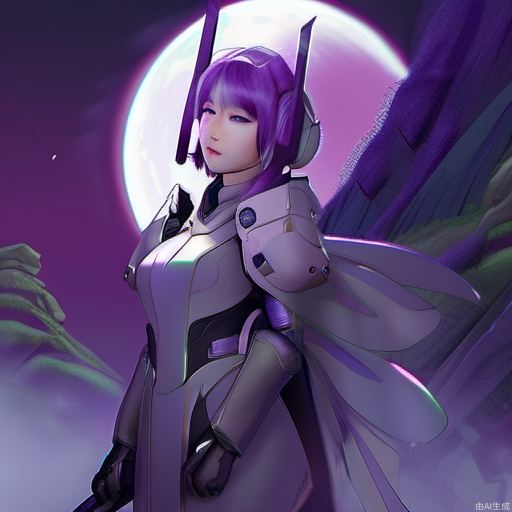 female, pilot, knight, adult, deep_skin, slender, oval face, purple hair, makeup, ear_ornament, cocked eyebrow, purple eyes, heterochromia, pointed nose, thick lips, chinese_style, standing, incredibly absurdres, science fiction, Cinematic Lighting, lavender, ban, full moon, Dreamy forest, ruins, mid_shot