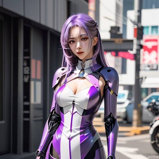 mecha, seki (red shine), light purple hair, biker, pointed nose, longeyelashes, lipstick