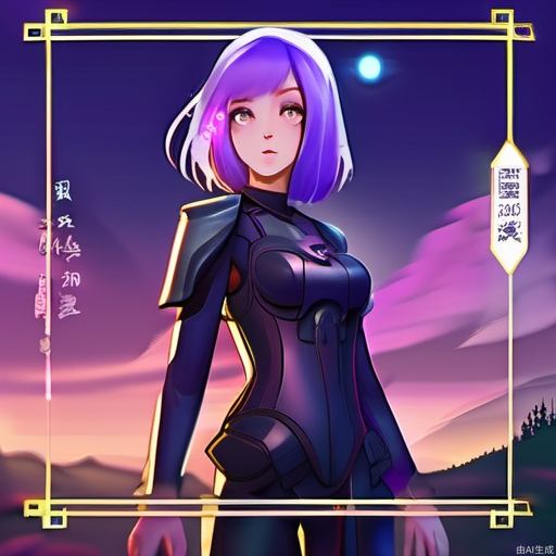 female, pilot, knight, adult, deep_skin, slender, oval face, purple hair, makeup, ear_ornament, cocked eyebrow, purple eyes, heterochromia, pointed nose, thick lips, chinese_style, standing, incredibly absurdres, science fiction, Cinematic Lighting, lavender, ban, full moon, Dreamy forest, ruins, mid_shot