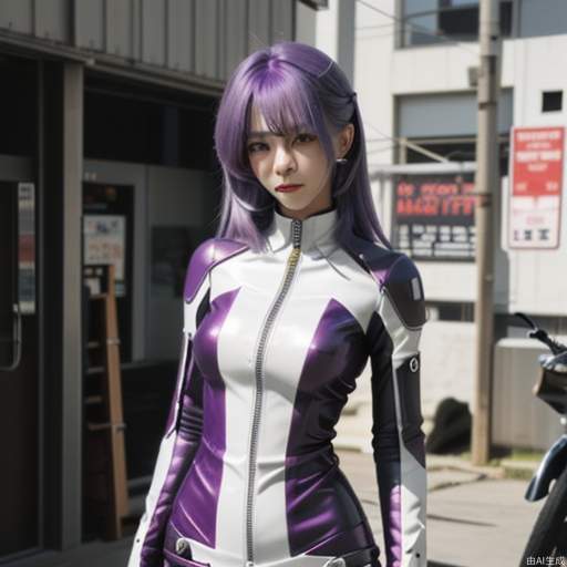 mecha, seki (red shine), light purple hair, biker,