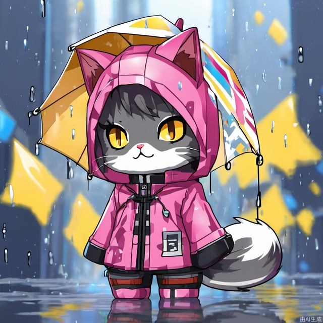 Pixel style,MG_xiangsu,rain,cat,no humans,hood,raincoat,(FAMOUS BLUE RAINCOAT:1.1),zipper,animal,solo,tail,animal focus,colored sclera,cat tail,yellow eyes,yellow sclera,hood up,cat hood,jacket,Transparent raincoat,pink fur,EYE,chibi,
