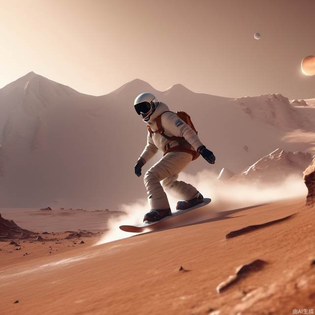 Man snowboarding on the mars, ultra high resolution 8k