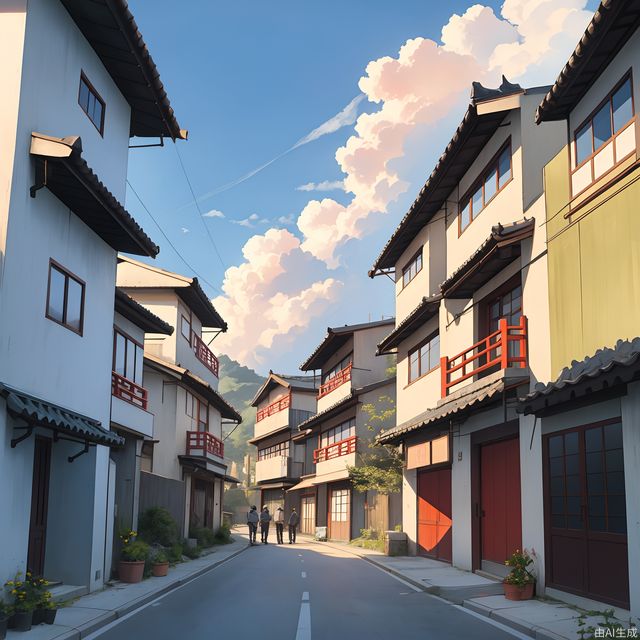 Blue sky and white clouds, buildings, 2 men, telephone poles, streets, 2 people facing the camera, modern Chinese style architecture,