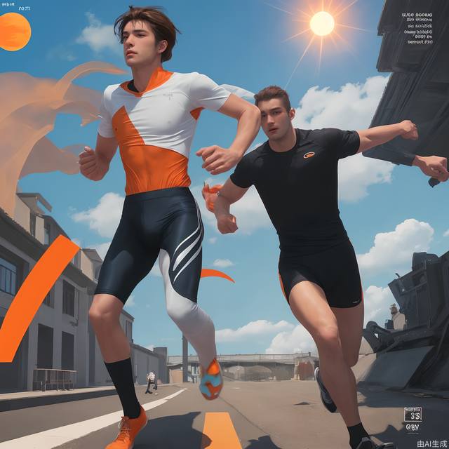 Ridiculous, 8k, comic, viewfinder, 1 male, running, brunette, orange sun, blue sky,