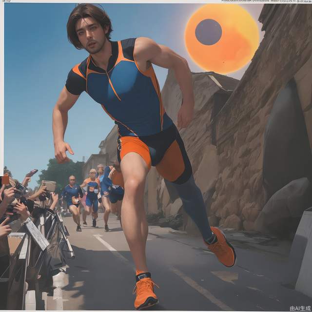 Ridiculous, 8k, comic, viewfinder, 1 male, running, brunette, orange sun, blue sky,