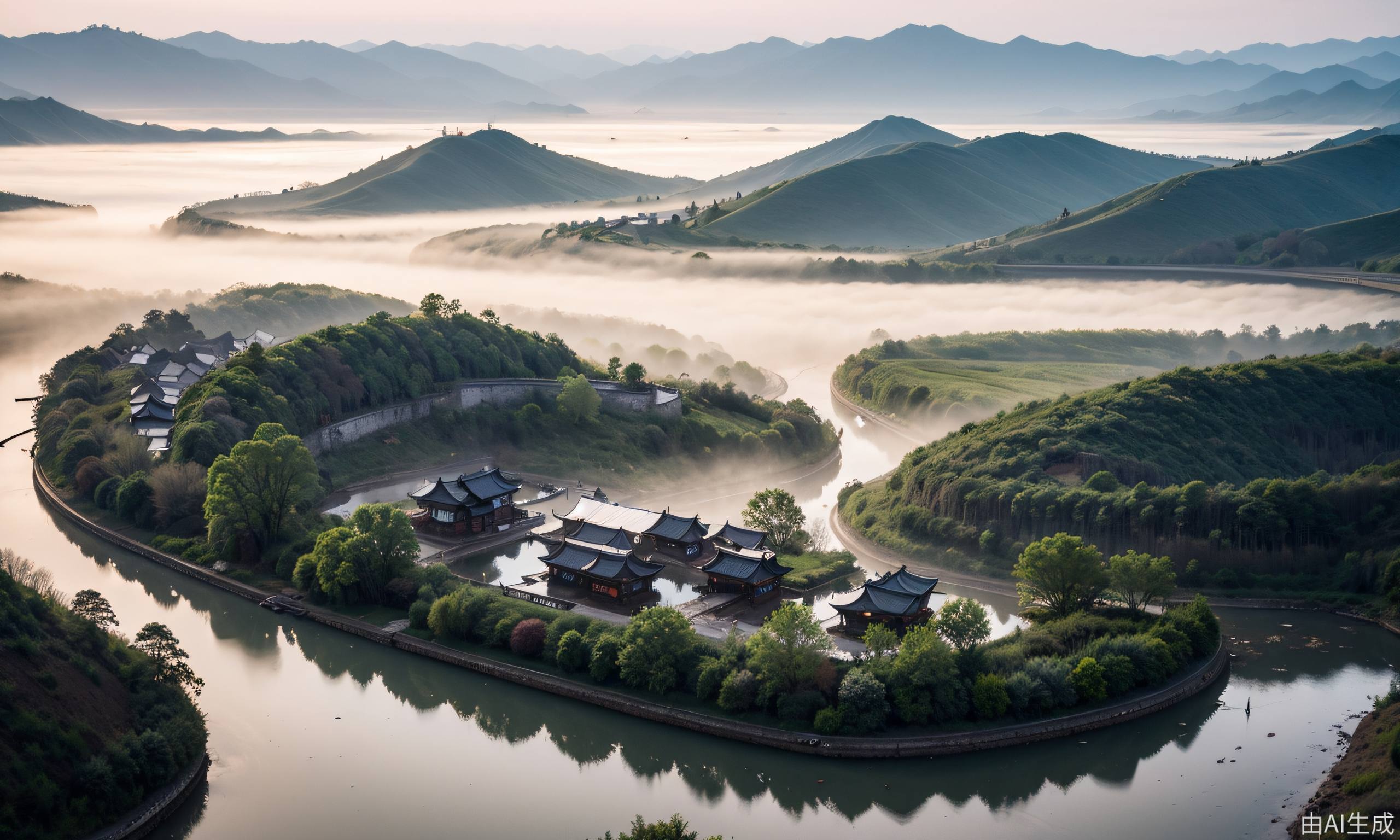 真实照片，清晨的阳光，中国山村的鸟瞰图