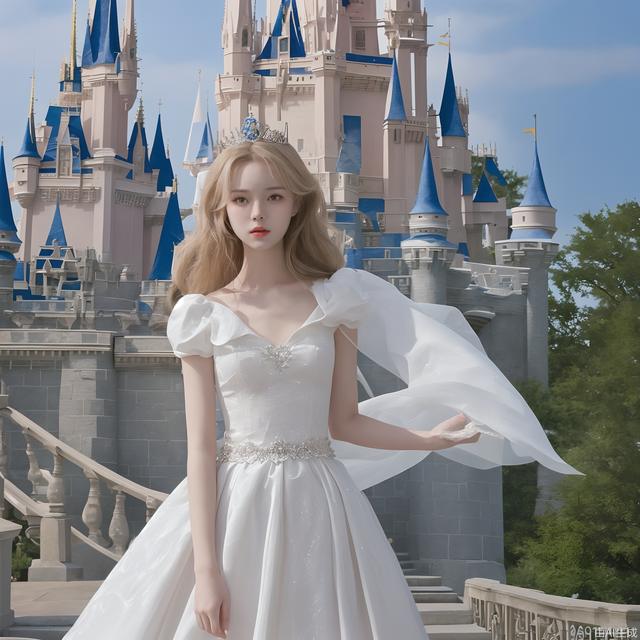 Standing on the Disney castle, wearing a princess dress, hot body, exquisite facial features, pale skin, young girl