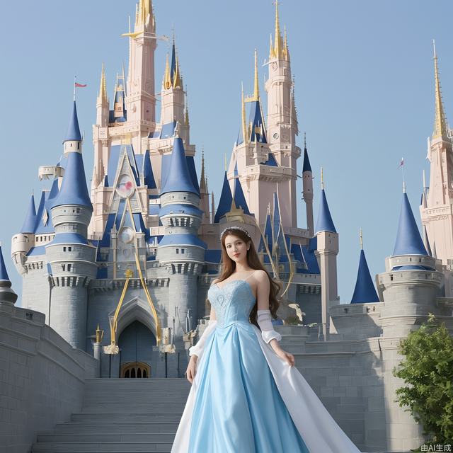 Standing on the Disney castle, a mature girl with a hot figure and a princess dress
