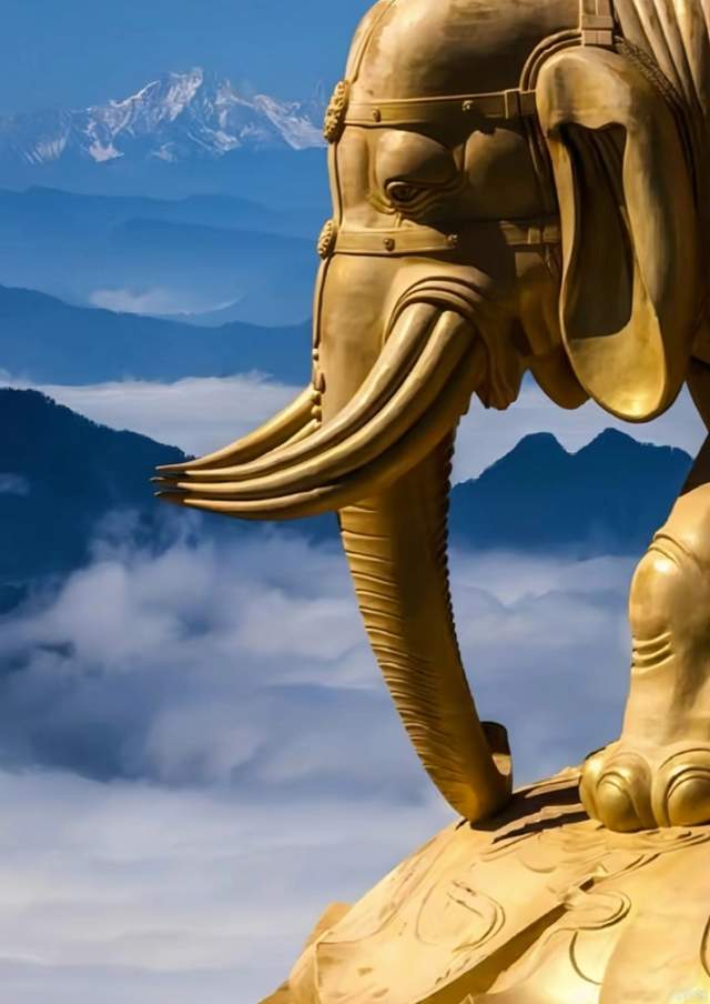 A golden elephant, incredibly absurdres, wallpaper, reality, scenery, hills, nature (naturalism), the top of the hill, on a hill, mountain, cirrus, Cirrocumulus