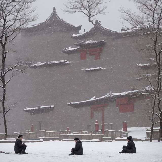 Person sitting alone on snowy ground
Background includes Forbidden City landmarks Shenwu Gate and Taihe Hall
Person appears contemplative, dressed warmly against the cold
Scene evokes tranquility and solemnity, contrasting historic architecture with snow
Overall, image captures wintry beauty and contemplation, incredibly absurdres, huge filesize, wallpaper, realistic