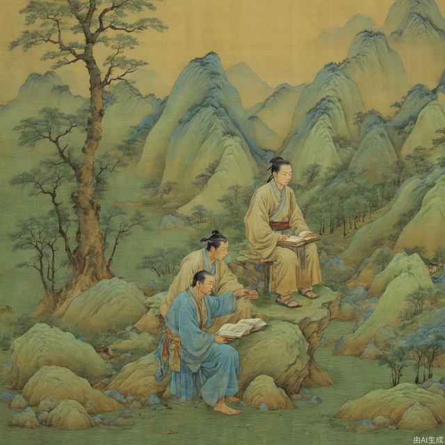 In the middle of a peaceful mountain forest, a man dressed in antique clothing sits on a boulder. His face is calm and his eyes are deep. Surrounded by thick trees and verdant grass, there is a glass of water, a book, and a ruler pen beside him. He seems to be reading books intently, and the scroll beside him is full of ancient words. The sun shines on him through the leaves, giving him a feeling of warmth and tranquility. The painting presents an artistic conception of self-peace and integration with nature.