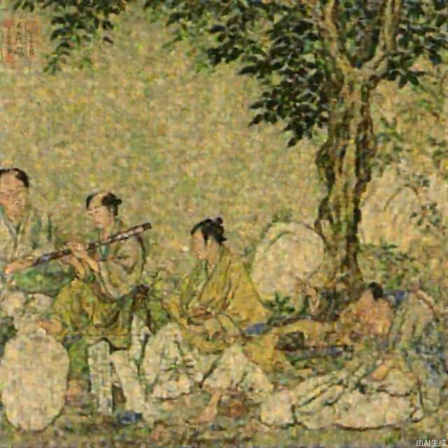 In the middle of a peaceful mountain forest, a man dressed in antique clothing sits on a boulder. His face is calm and his eyes are deep. Surrounded by thick trees and verdant grass, there is a glass of water, a book, and a ruler pen beside him. He seems to be reading books intently, and the scroll beside him is full of ancient words. The sun shines on him through the leaves, giving him a feeling of warmth and tranquility. The painting presents an artistic conception of self-peace and integration with nature, solo, incredibly absurdres