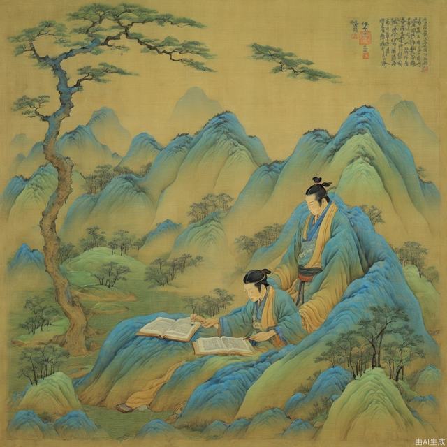 In the middle of a peaceful mountain forest, a man dressed in antique clothing sits on a boulder. His face is calm and his eyes are deep. Surrounded by thick trees and verdant grass, there is a glass of water, a book, and a ruler pen beside him. He seems to be reading books intently, and the scroll beside him is full of ancient words. The sun shines on him through the leaves, giving him a feeling of warmth and tranquility. The painting presents an artistic conception of self-peace and integration with nature.