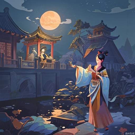 Night, breeze, cold girl, wearing ancient costumes, holding a Tang knife, the moon as the background, standing on the eaves, peerless face