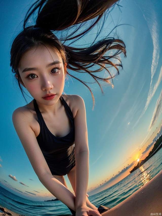 1girl, fisheye, selfie, sea, wind, messy hair, sunset, beach, (aesthetics and atmosphere:1.2),