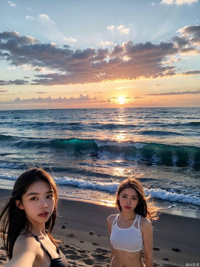 1 girl, panorama, selfie, sea, wind, messy hair, sunset, beach, (aesthetics and atmosphere: 1.2),
