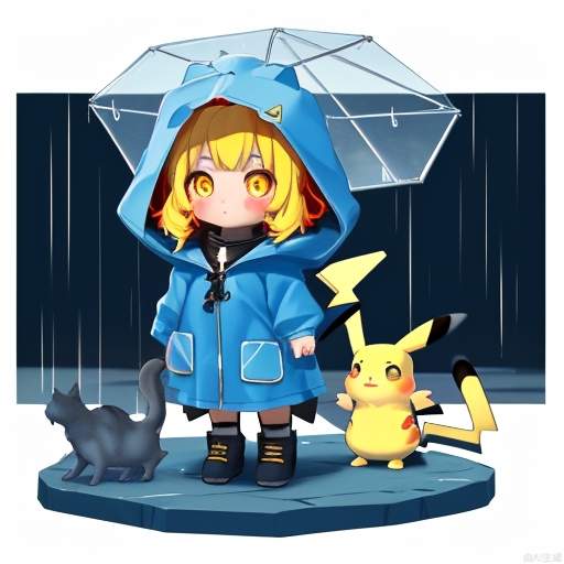 Pikachu, style, MG_xiangsu, rain, no human, hood, raincoat, (famous blue raincoat: 1.1), zipper, animal, solo, tail, animal focus, colored sclera, cat tail, yellow eyes, yellow sclera, hood, cat hood, jacket, transparent raincoat, pink fur, eyes, red wall, < lora: MG_xiangsu -000008:1 >,