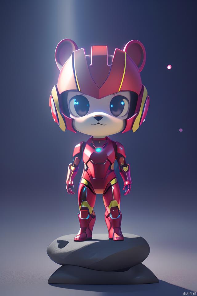 A cute Pokemon rock dog, in Cyberpunk, dressed in Iron Man's red and yellow armor against a colorful backdrop of the universe, surrounded by waves, blind box, bust, divine movie edge lighting, natural light, realistic lighting and shadows, top quality light tracking, 8k 3d, Cinema 4D, Sintan rendering, Pixar, pastel colors, blender, super detail--ar 3:4--niji 5--v 5--s 250