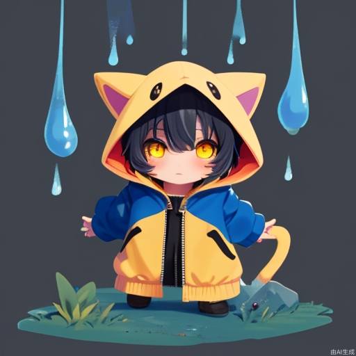 pikachu, style,MG_xiangsu,rain,cat,no humans,hood,raincoat,(FAMOUS BLUE RAINCOAT:1.1),zipper,animal,solo,tail,animal focus,colored sclera,cat tail,yellow eyes,yellow sclera,hood up,cat hood,jacket,Transparent raincoat,pink fur,EYE,chibi,<lora:MG_xiangsu-000008:1>,