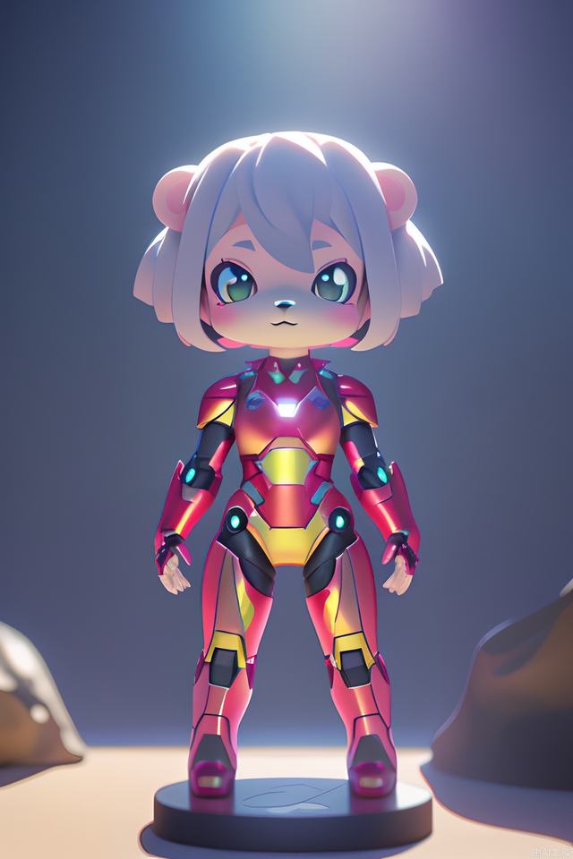 Cute, Pokemon, Rock Dog, Cyberpunk, wearing Iron Man's red and yellow armor, a colorful universe surrounded by waves, blind box, bust, divine movie edge lighting, natural light, realistic lighting and shadows, high quality light tracking, 8k 3d, Cinema 4D, Sintan rendering, Pixar, pastel colors, blender, super detail--ar 3:4--niji 5--v 5--s 250