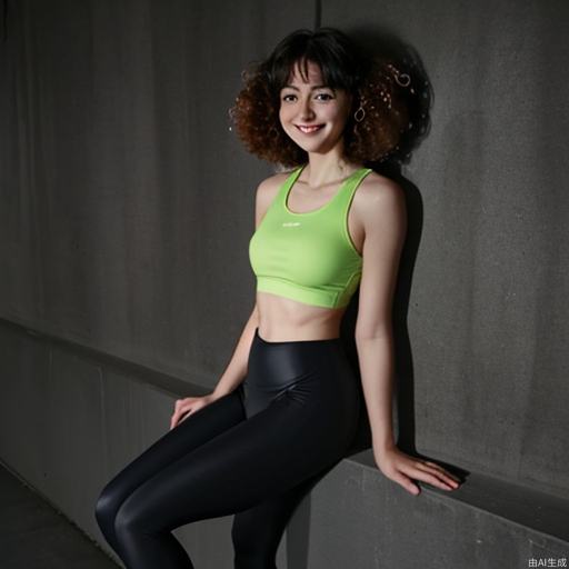 1girl,smirk,curly hair,in the dark,deep shadow, sport, leggings, bare_legs,