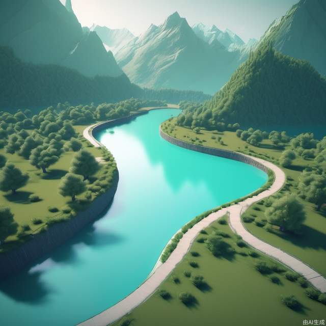 Long view, overlooking, no people, curved river, surrounded by mountains, trees, grass, pier\ turquoise tones, masterpiece, 2D rendering, C4D, 8K, best quality