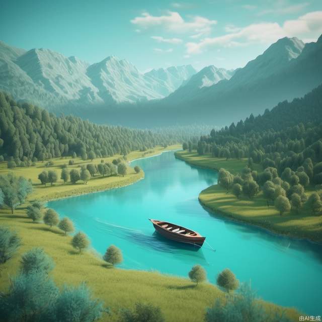 Long view, overlooking, no one, winding river, surrounded by mountains, trees, meadow, a boat on the left\ turquoise tones, masterpiece, 2D rendering, C4D, 8K, top quality