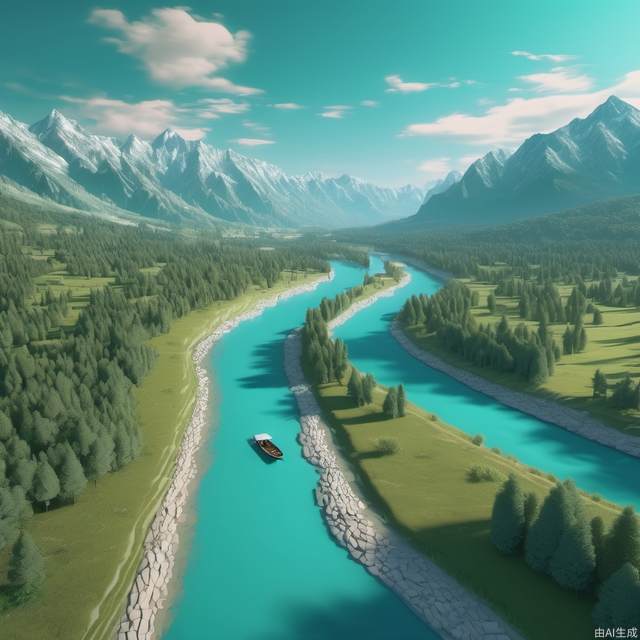 Long view, overlooking, no one, winding river, surrounded by mountains, trees, meadows, a boat on the left\ turquoise tones, masterpiece, 2D rendering, C4D, 8K, top quality