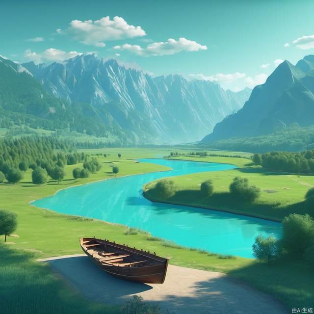 Super vista, overlooking, uninhabited, four-bended river, surrounded by mountains, trees, meadow, a boat on the far left\ turquoise tones, masterpiece, 2D rendering, C4D, 8K, top quality