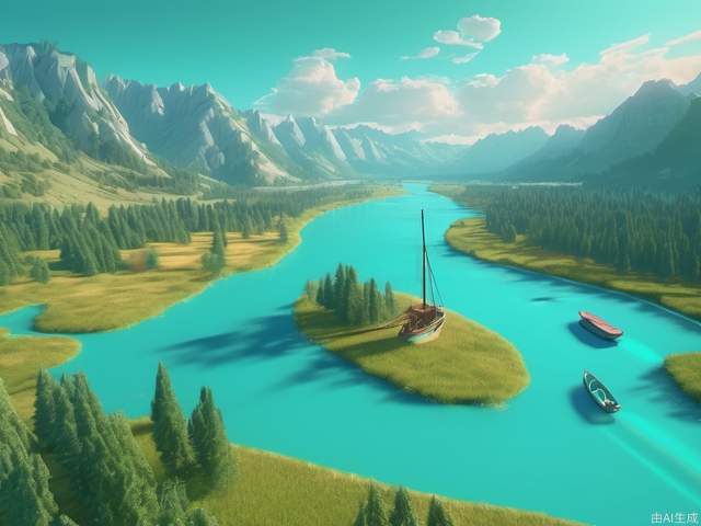 Super vista, overlooking, uninhabited, four-bended river, surrounded by mountains, trees, meadow, a boat on the far left\ turquoise tones, masterpiece, 2D rendering, C4D, 8K, top quality