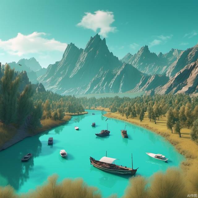 Long view, overlooking, no one, crooked river, surrounded by mountains, trees, grass, boats\ turquoise tones, masterpiece, 2D rendering, C4D, 8K, best quality