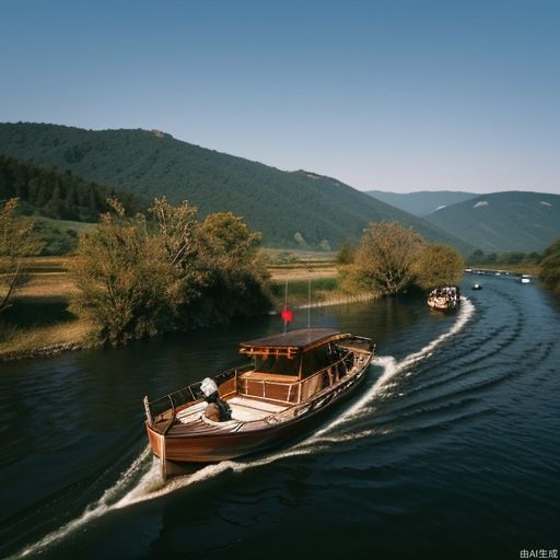 A big river with mountains on both sides, a small boat driving on the river, incredibly absurdres, realistic, 