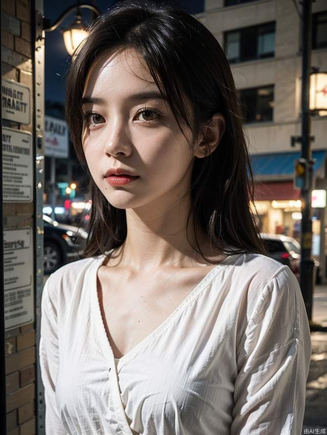 (RAW photo, 4k, realistic, exquisitely detailed skin),masterpiece,best quality,unity 8k wallpaper,ultra detailed,cinematic look,natural skin texture,extremely realistic skin texture,finely detailed face,(film grain:1.2),cinematic angle,Fujifilm XT3,,(highlydetailed),(night scene),(street corner),(1girl),(detailed lighting),(contrast),(mysterious atmosphere),,vivid illumination,,masterful technique,,harmonious composition,,immersive atmosphere,,stunning visuals,