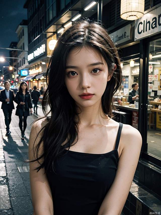 (RAW photo, 4k, realistic, exquisitely detailed skin),masterpiece,best quality,unity 8k wallpaper,ultra detailed,cinematic look,natural skin texture,extremely realistic skin texture,finely detailed face,(film grain:1.2),cinematic angle,Fujifilm XT3,,(highlydetailed),(night scene),(street corner),(1girl),(detailed lighting),(contrast),(mysterious atmosphere),,vivid illumination,,masterful technique,,harmonious composition,,immersive atmosphere,,stunning visuals,