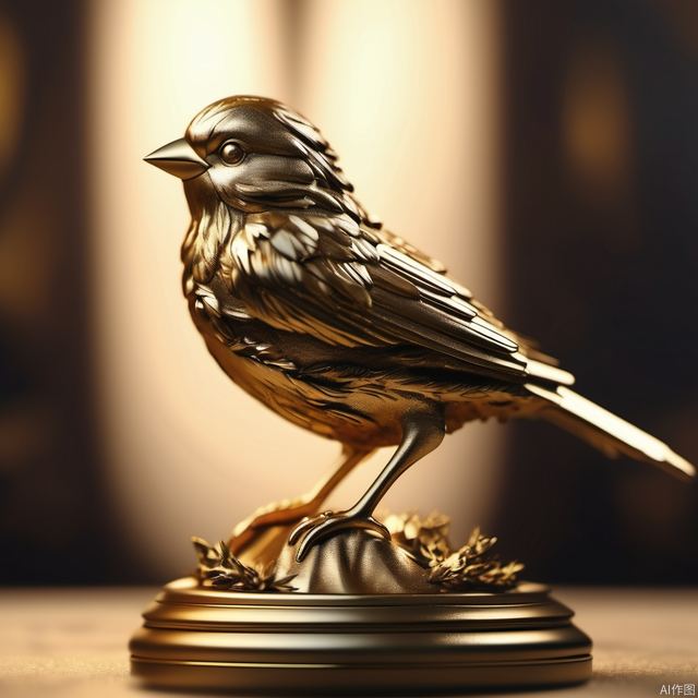  Sparrow, golden sculpture, cylindrical base, feather texture, trophy, magnificent, branches, gold, realistic sculpture, masterpiece, super details, blurry background, dark background, depth of field, realistic, 4K