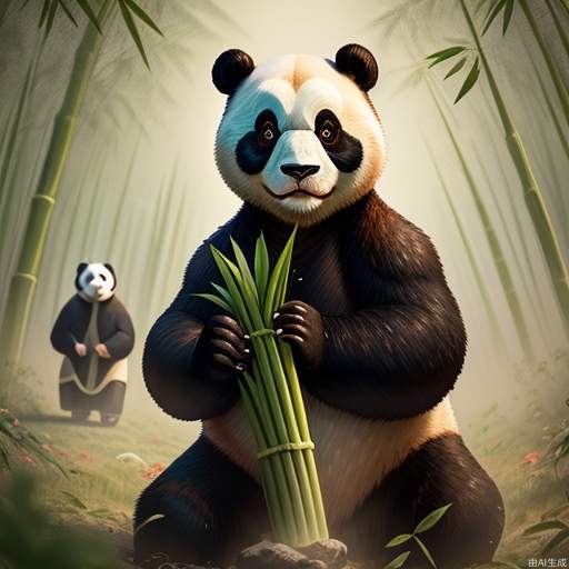 two giant pandas, eating bamboo, in the forest, a little lovable panda,  playing behind, pixel style, masterpiece, high-res, 4K, details, high-quality