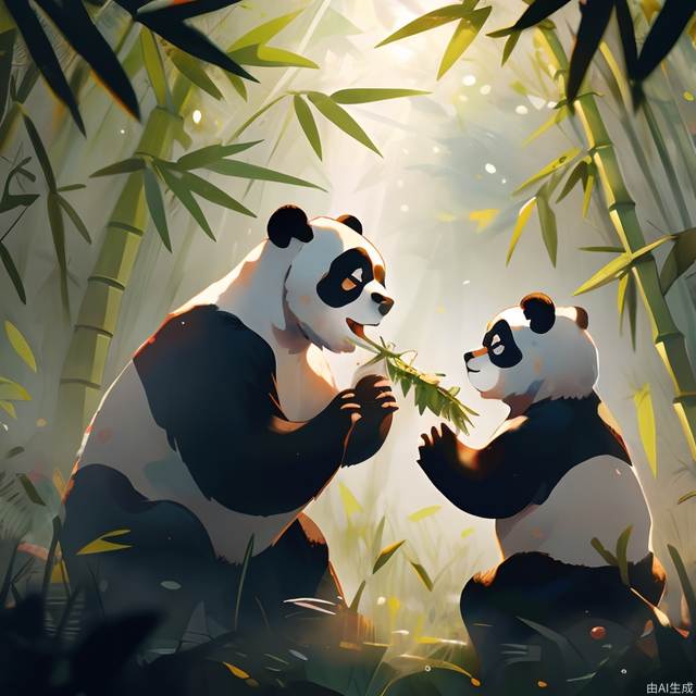 two giant pandas, eating bamboo, in the forest, a little lovable panda,  playing behind, cartoon, masterpiece, high-res, 4K, details, high-quality