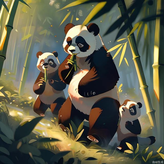 two giant pandas, eating bamboo, in the forest, a little lovable panda,  playing behind, cartoon, masterpiece, high-res, 4K, details, high-quality