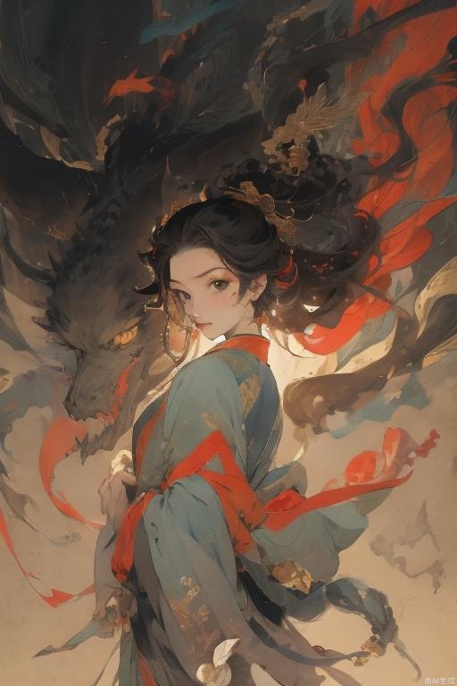oriental dragon, wash ink, color splashing, auspicious clouds, complex patterns, beautiful, masterpiece, 4K, (best quality:1.5)