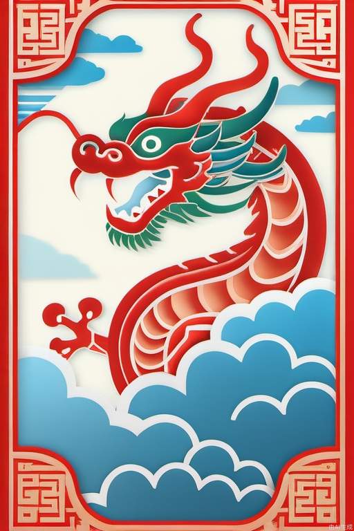 dragon,ohaxicxn icon, paper-cut, auspicious clouds, complex patterns, beautiful, masterpiece