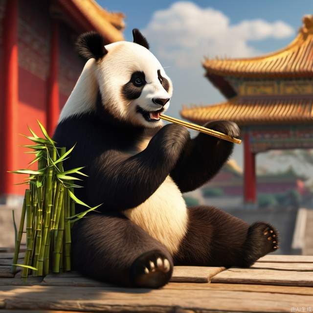 A panda, forbidden city, on roof, beijing, eating bamboo, realistic, high-res, best quality, masterpiece, 4K