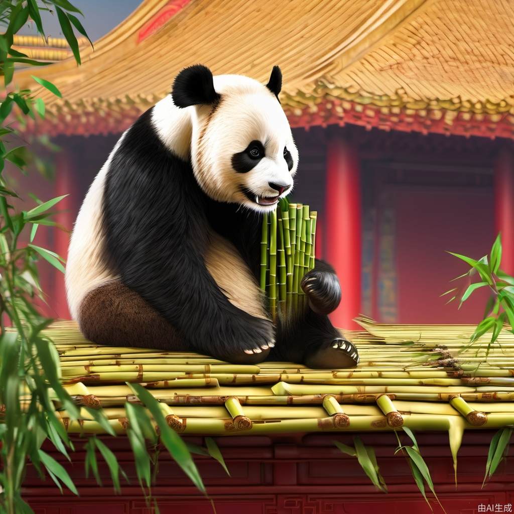 一只熊猫，故宫，屋顶上，北京，吃竹子，逼