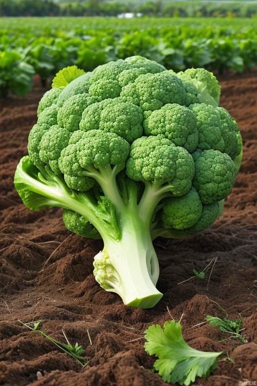 A fresh green cauliflower lies quietly in the vegetable field in the wild. 