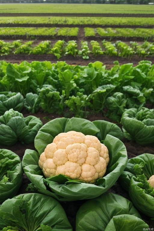 A fresh green cauliflower lies quietly in the vegetable field in the wild. 